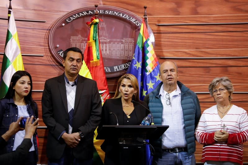 Bolivian opposition leader and senator Jeanine Anez Chavez speaks during a news conference following Bolivia's former president Evo Morales' exit out of the country, in La Paz