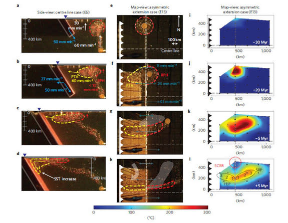 Shots of an experiment using corn syrup to examine the dynamics of the proposed mantle plume under the Yellowstone supevolcano, showing how such a plume might interact with a subduction zone.