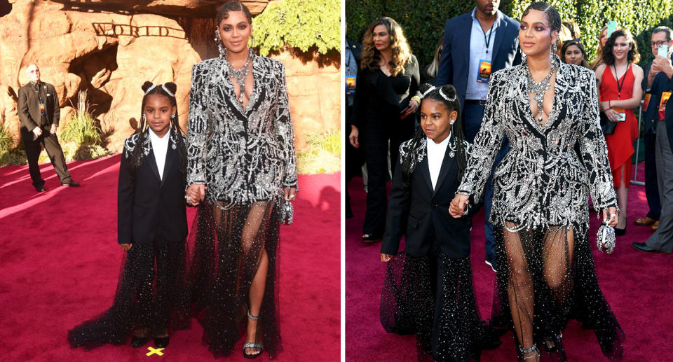 Beyonce und ihre siebenjährige Tochter Blue Ivy trugen bei der Premiere des “König der Löwen” passende Outftits. [Foto: Getty]