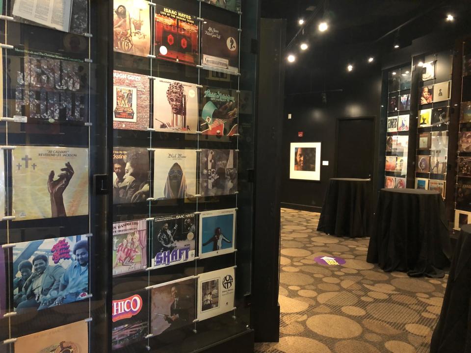 Album covers are displayed at the Stax Museum of American Soul Music on Wednesday, Sept. 14, 2022, in Memphis, Tenn. (AP Photo/Adrian Sainz)