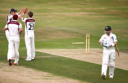 Cricket - Northamptonshire v Australia - County Ground, Northampton - 16/8/15 Northant's Steven Crook celebrates the wicket of Australia's Peter Nevill Action Images via Reuters / Paul Childs Livepic