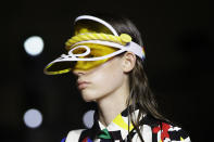 A model wears a creation as part of the Benetton Spring-Summer 2020 collection, unveiled during the fashion week, in Milan, Italy, Tuesday, Sept. 17, 2019. (AP Photo/Luca Bruno)