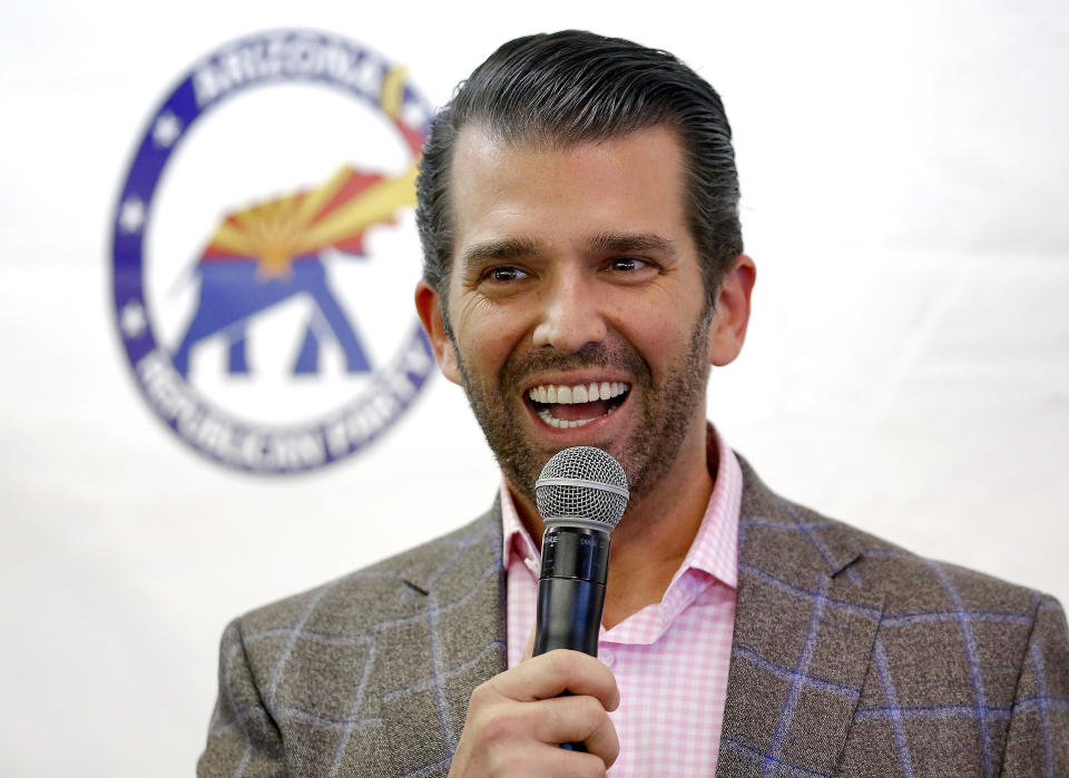 Donald Trump Jr. speaks at a campaign rally for U.S. Senate candidate Martha McSally, Thursday, Nov. 1, 2018, in Sun City, Ariz. (AP Photo/Matt York)