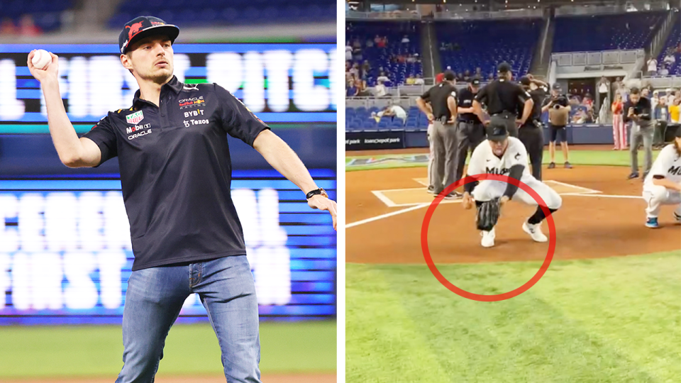 F1 driver Max Verstappen (pictured left) throwing a baseball and (pictured right) the catcher grabbing the ball.