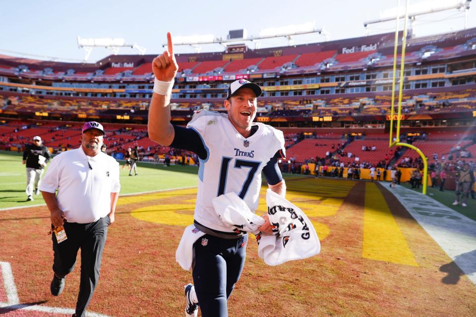Tennessee Titans quarterback Ryan Tannehill (17) walks off the field after beating the Washington Commanders at an NFL football game on Sunday, Oct. 9, 2022, in Landover, Md. (Shaban Athuman/Richmond Times-Dispatch via AP)