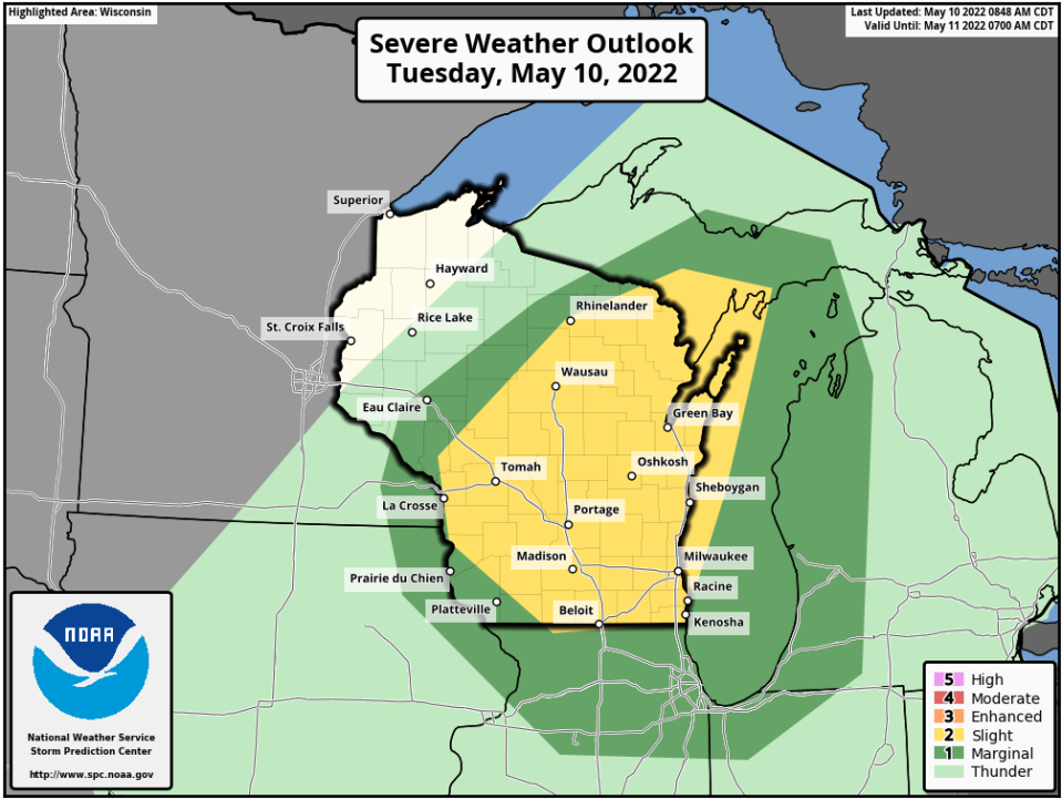 A large portion of Wisconsin is under a risk for severe thunderstorms on Tuesday. The area shaded in yellow is where the highest risk is, forecasters say.