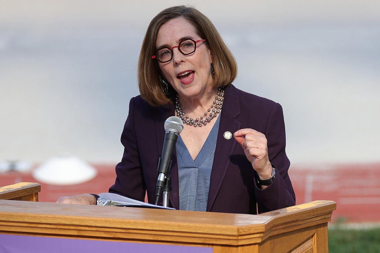 Governor of Oregon Kate Brown speaks during the Opening Ceremony on day one of the World Athletics Championships Oregon22