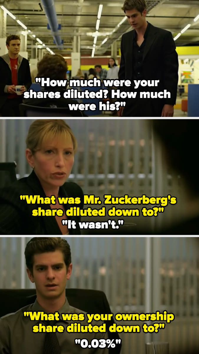 Eduardo asks Mark how much his shares were diluted down to, then his lawyer asks him, and Eduardo reveals no one's shares were diluted but his — and his were diluted to 0.03%