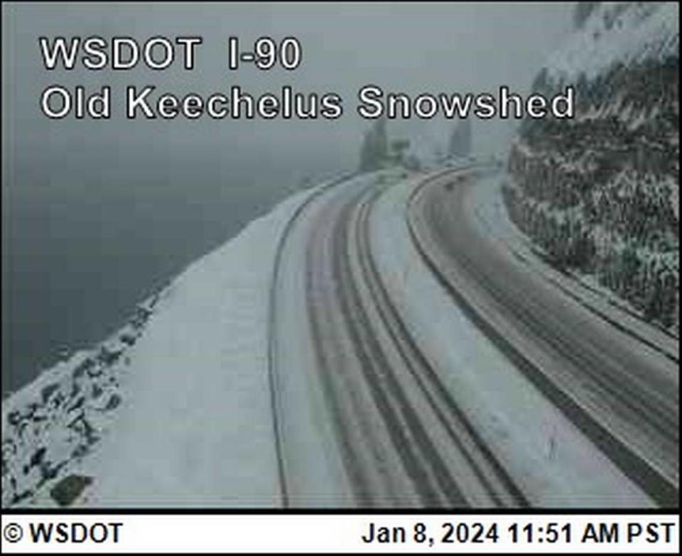 Live camera footage from the Washington State Department of Transportation can be accessed online for updated views of state passes. Shot of I-90 at Old Keechelus Snowshed (Milepost 57.7) at 11:51 a.m. on Jan. 8, 2024. Courtesy: WSDOT