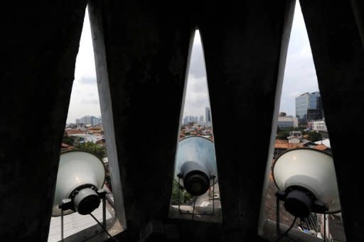 Loudspeakers on the minaret of a mosque in central Jakarta used to broadcast prayers and announcements, seen in 2010. Most urban dwellers in the world's largest Muslim nation, which boasts 800,000 mosques, must contend with the "azan" that begins at dawn and calls worshippers to prayer five times a day