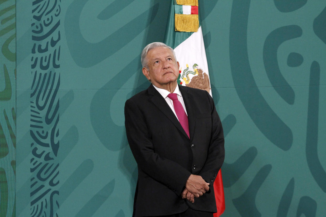 MEXICO CITY, MEXICO - APRIL 13, 2021: Mexico's President, Andres Manuel Lopez Obrador, speaks during a press conference about of production advances of the 'Patria' vaccine against Covid19 with the support of the specialists from the National Council of Science and Technology (CONACYT) at National Palace on April 13, 2021 in Mexico City, Mexico. (Photo credit should read Luis Barron / Eyepix Group/Barcroft Media via Getty Images)