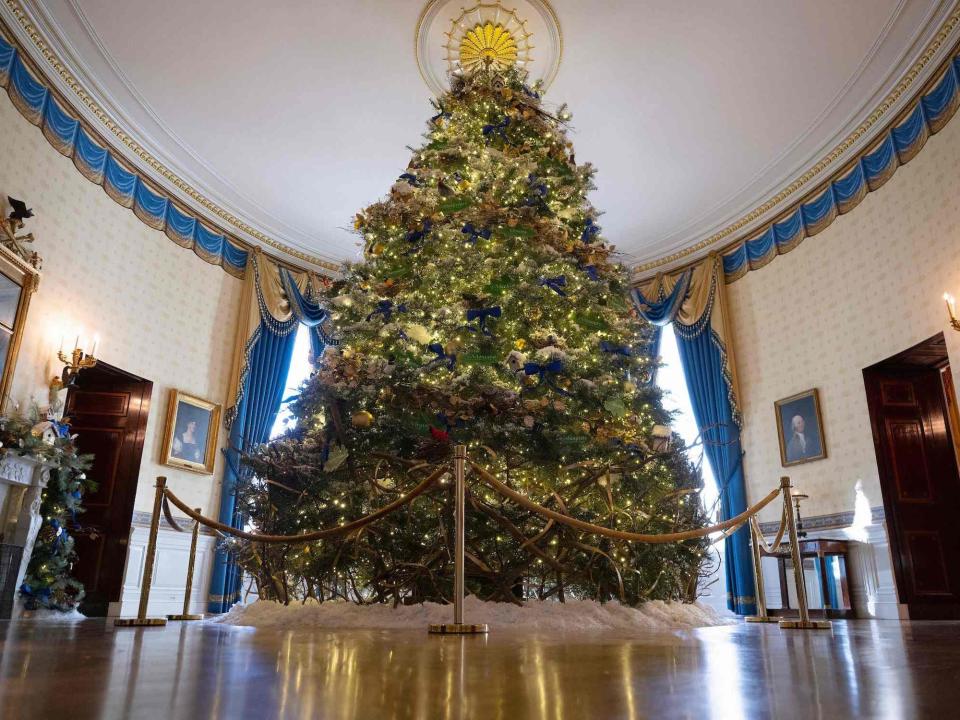 The official White House Christmas tree stands in the Blue room during a media preview for the 2022 Holidays at the White House in Washington, DC, November 28, 2022.