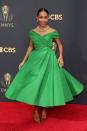 <p>Yara Shahidi looked like a glamorous Fifties film star in an ankle-length, bright green design by Dior. The actress twirled on the red carpet in the timeless design, teaming her look with a chunky necklace and brown pointed court shoes.</p>