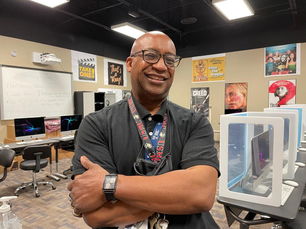 Film instructor Michael Bosby poses in his classroom at Athens Community Career Academy in Athens, Ga. on May 11, 2022. Bosby recently won two awards for a short film he wrote, directed and starred in.