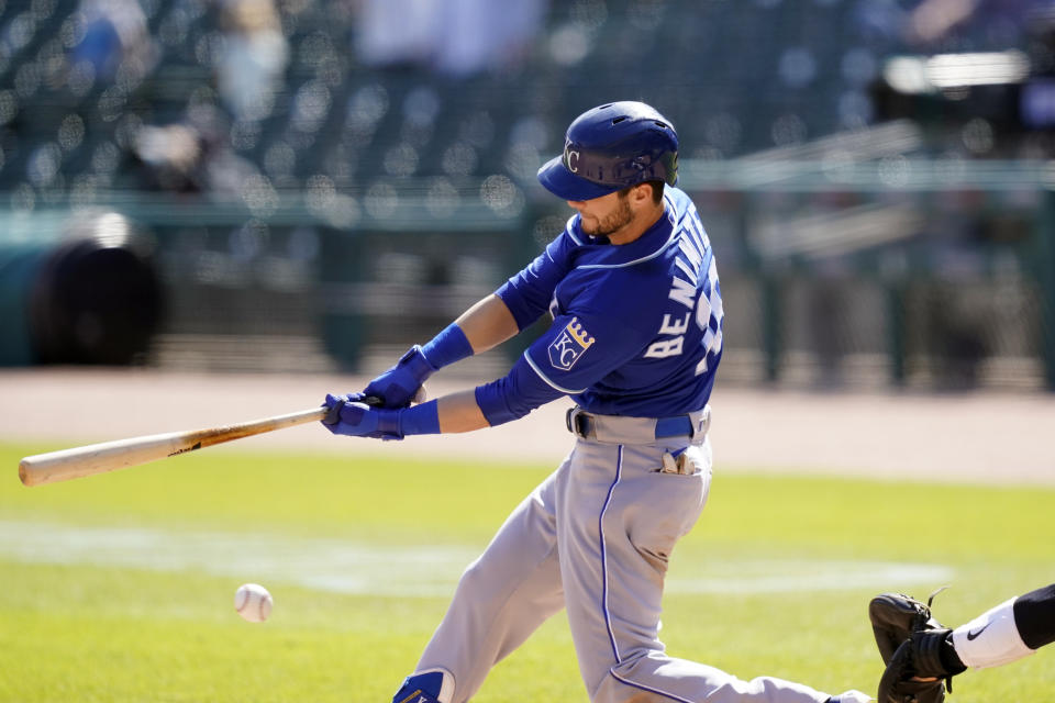 Kansas City Royals' Andrew Benintendi strikes out swinging to end the ninth inning of a baseball game against the Detroit Tigers, Thursday, May 13, 2021, in Detroit. (AP Photo/Carlos Osorio)