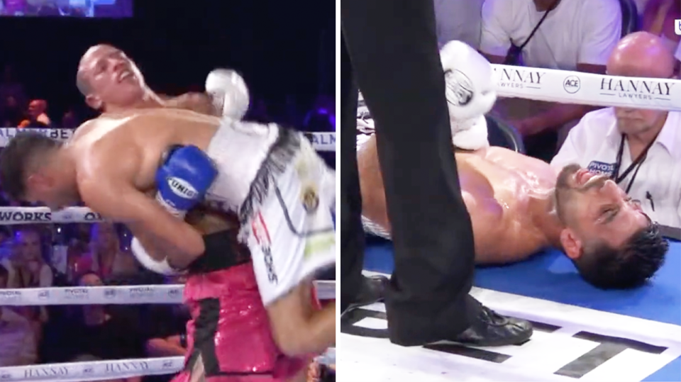 Aussie boxer Jacob 'The Flamingo' Ng (pictured left) throws Billy Dib (pictured right) who remained on the ground injured.