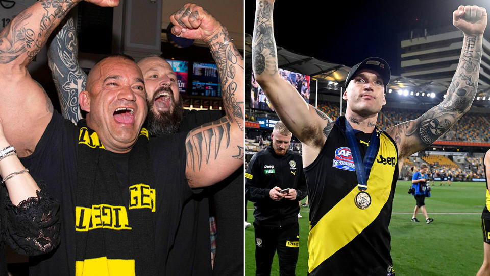 Pictured here, father and son Shane and Dustin Martin throw up their arms in celebration.