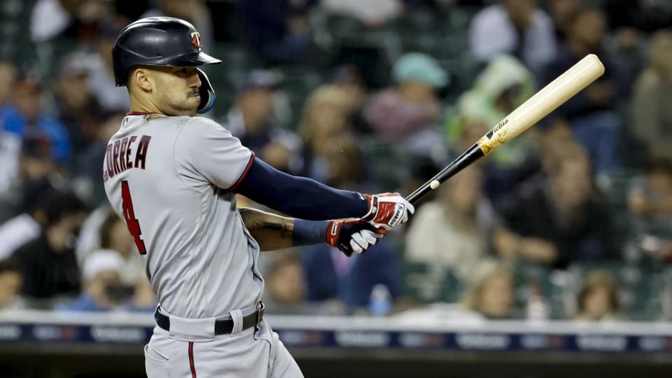 Sep 30, 2022;  Detroit, Michigan, USA;  Minnesota Twins shortstop Carlos Correa (4) hits a single in the fifth inning against the Detroit Tigers at Comerica Park