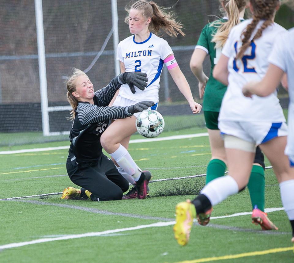 Rice goalie Sunshine Clark makes a save during the second half of the 2022 Division II championship game.