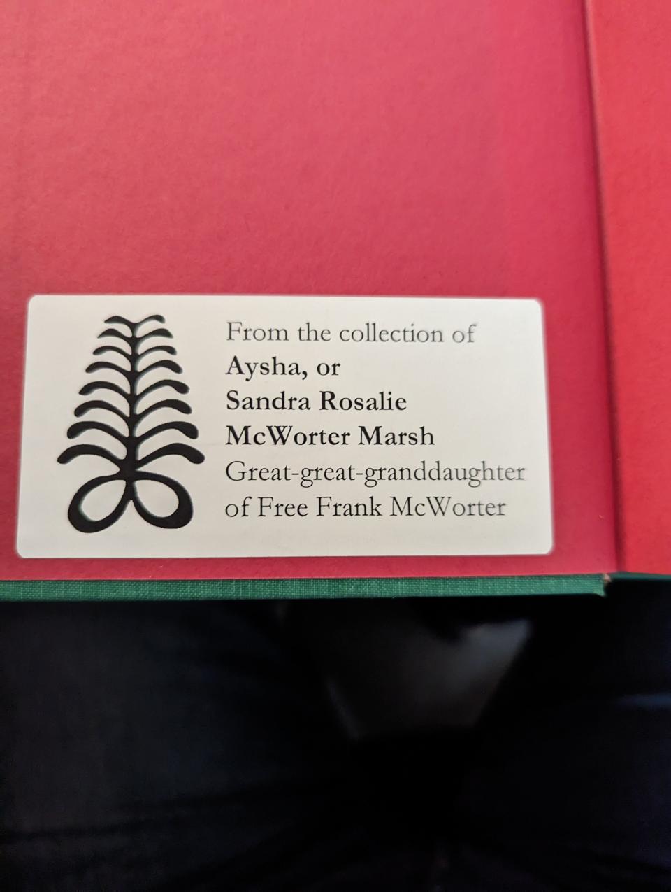 A book plate identifying this cookbook as part of a collection of more than 1,700 donated to Chicago's Washburne Culinary & Hospitality Institute by Sandra McWorter Marsh in February 2023. Marsh is the great-great-granddaughter of Free Frank McWorter, who in 1836 became the first known African American to found and plat a U.S. municipality when he established New Philadelphia, Illinois.