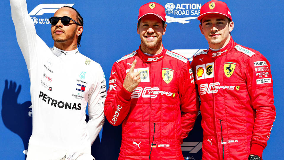 Lewis Hamilton (pictured left), Sebastian Vettel (pictured middle) and Charles Leclerc (pictured right). (Getty Images)