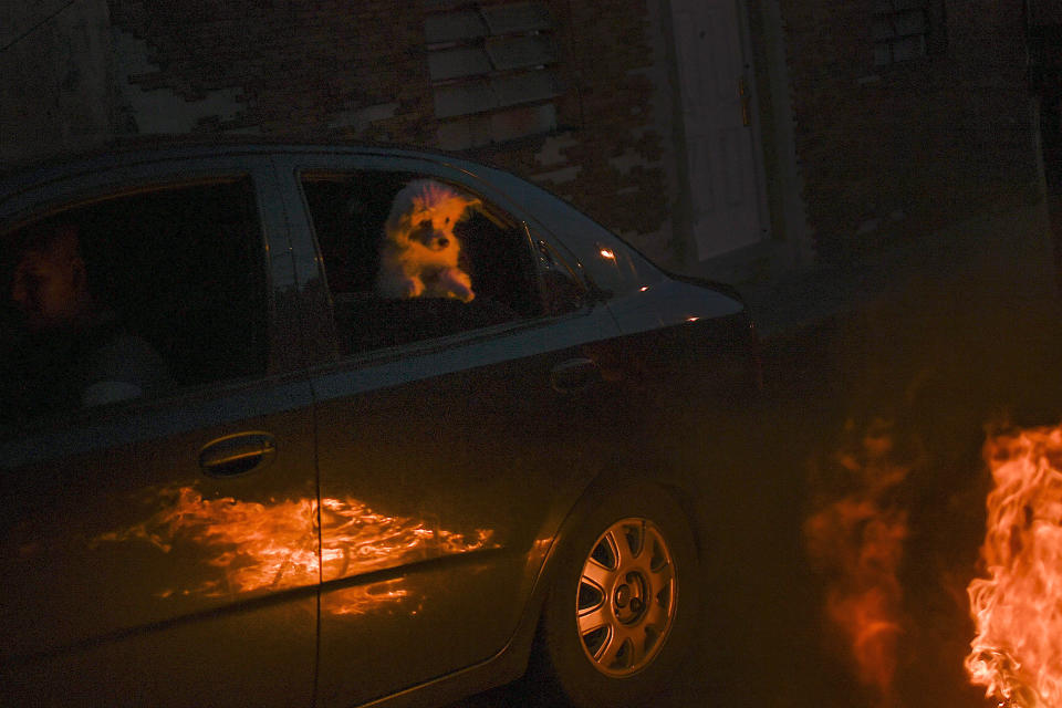 A dog inside a car watches a burning effigy representing Judas Iscariot during Holy Week in the Catia neighborhood of Caracas, Venezuela, Sunday, April 4, 2021. Most people are stayed home after Holy Week activities were canceled due to an increase in infections and deaths due to COVID-19. The Burning of Judas is an Easter-time ritual in many communities, where an effigy of Judas Iscariot is hanged on Good Friday, then burned on Easter Sunday. (AP Photo/Matias Delacroix)