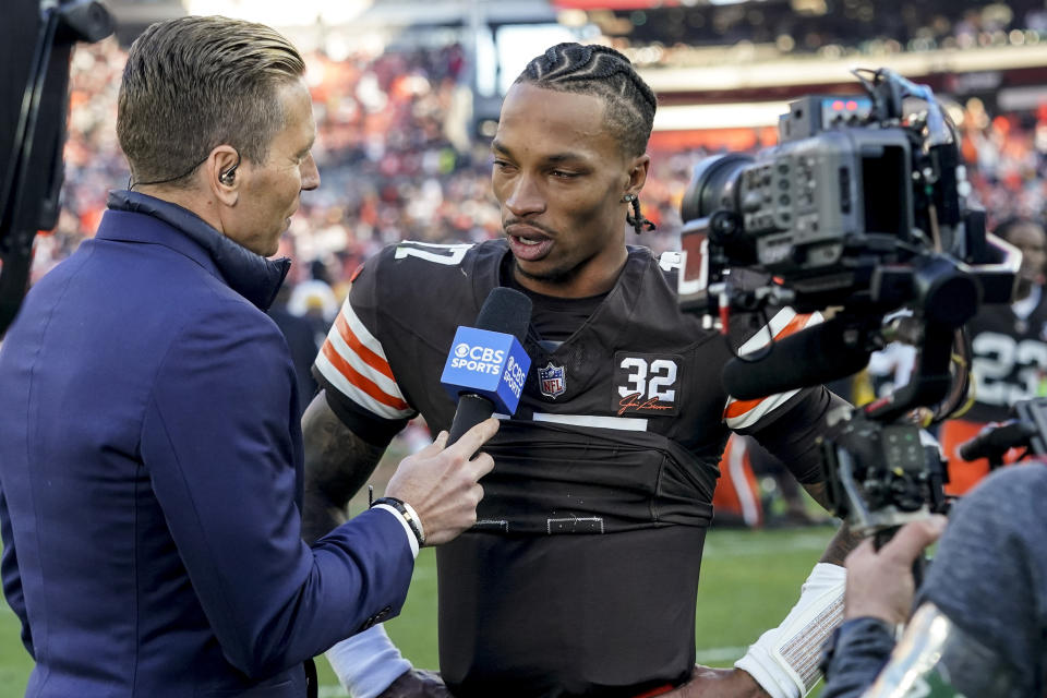 Cleveland Browns quarterback Dorian Thompson-Robinson (17) is interviewed after an NFL football against the Pittsburgh Steelers, Sunday, Nov. 19, 2023, in Cleveland. (AP Photo/Sue Ogrocki)