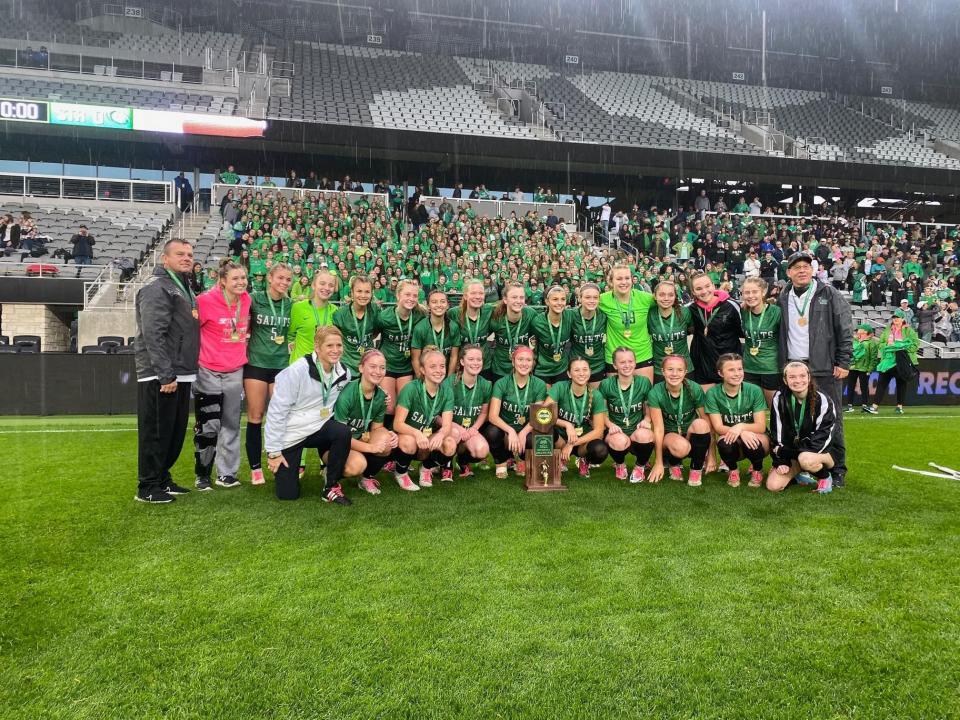 Seton High School girls soccer team celebrates winning the 2022 Division I state championship Friday, Nov. 11, at Lower.com field in Columbus, Ohio.