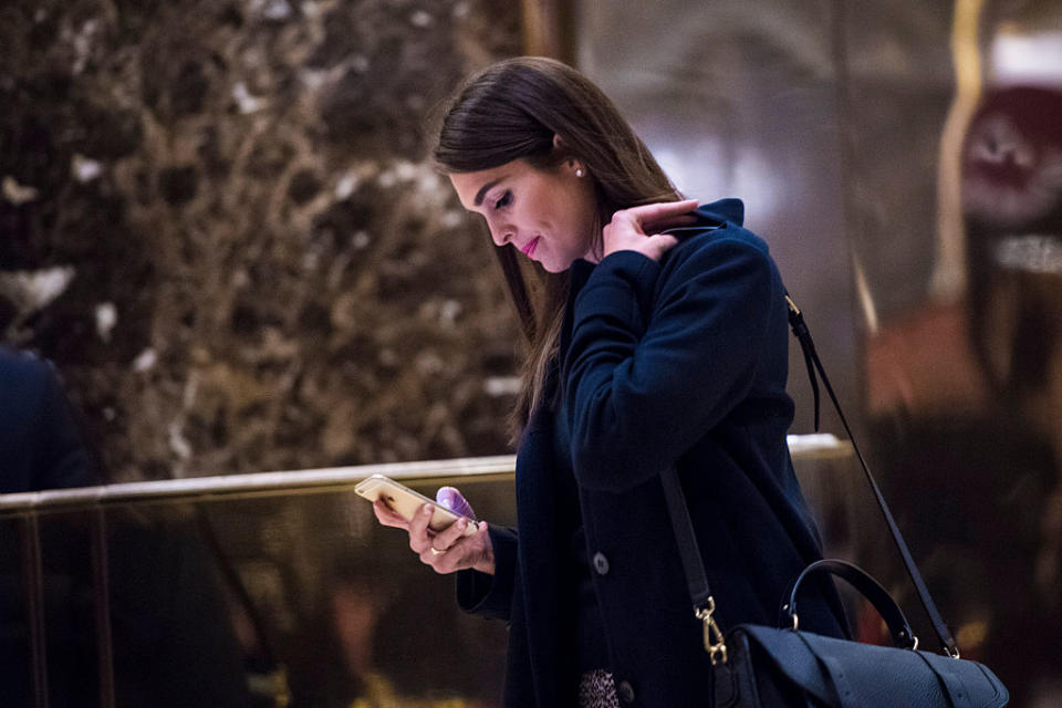 Hope Hicks, press secretary for President-elect Donald Trump's campaign, exits an elevator in the lobby at Trump Tower in New York, NY on Wednesday, Jan. 04, 2017.