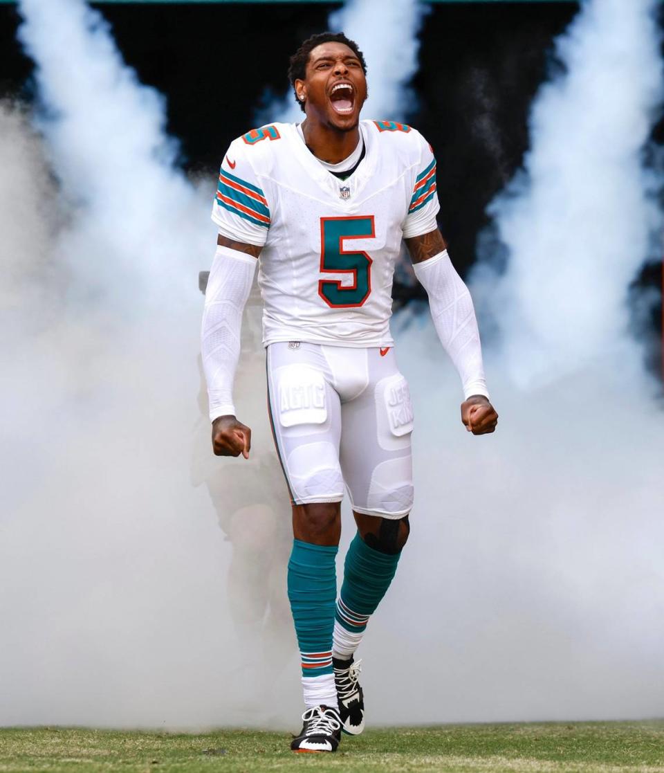 Miami Dolphins cornerback Jalen Ramsey (5) reacts as he is introduced before the game against the New England Patriots at Hard Rock Stadium in Miami Gardens on Sunday, October 29, 2023.