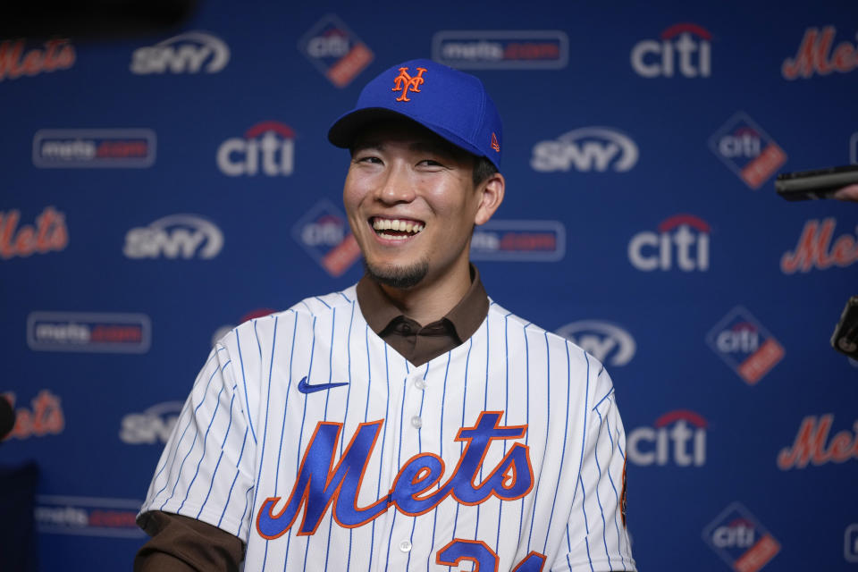 Kodai Senga smiles during an interview after a news conference at Citi Field, Monday, Dec. 19, 2022, in New York. The Japanese pitcher and the New York Mets baseball team have finalized a $75 million, five-year contract. (AP Photo/Seth Wenig)