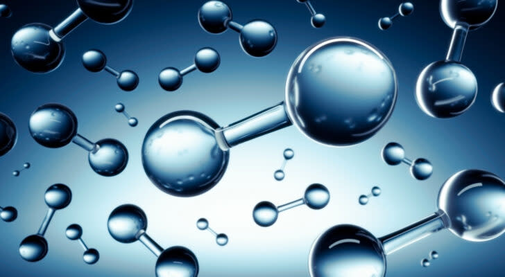 A 3D illustration of hydrogen molecules.