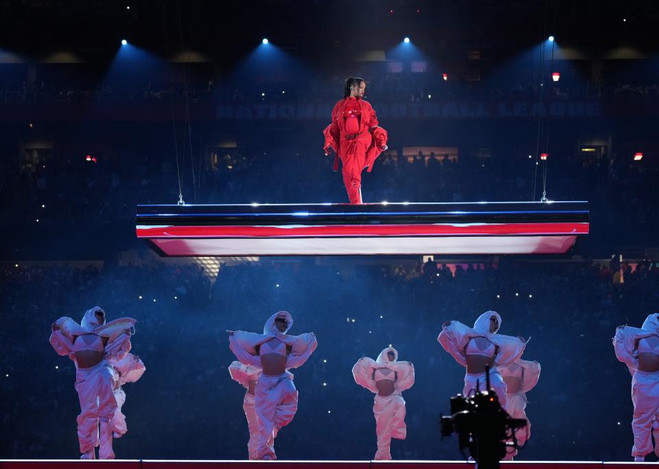 Rihanna performs during Super Bowl Halftime Show on February 12, 2023, in Glendale, Arizona.