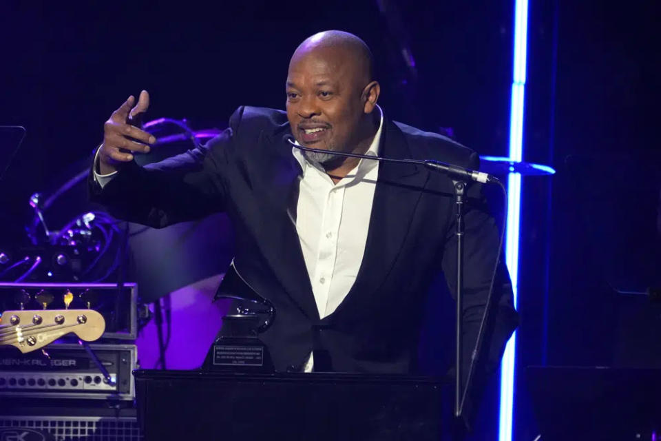 Dr. Dre accepts the Recording Academy global impact award at the Black Music Collective on Thursday, Feb. 2, 2023, at The Hollywood Palladium in Los Angeles. (AP Photo/Chris Pizzello)