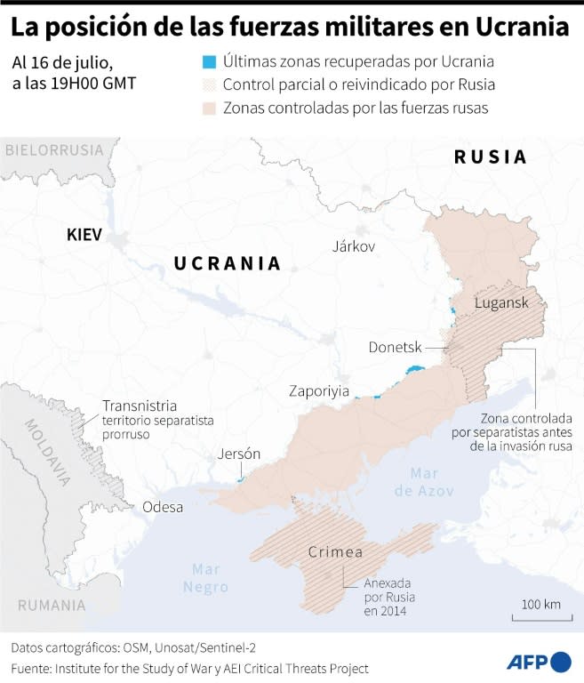 Mapa de las zonas controladas por las fuerzas ucranianas y rusas en Ucrania, al 16 de julio de 2024 a las 19H00 GMT (Cléa Péculier, Sophie Ramis, Valentin Rakovsky)