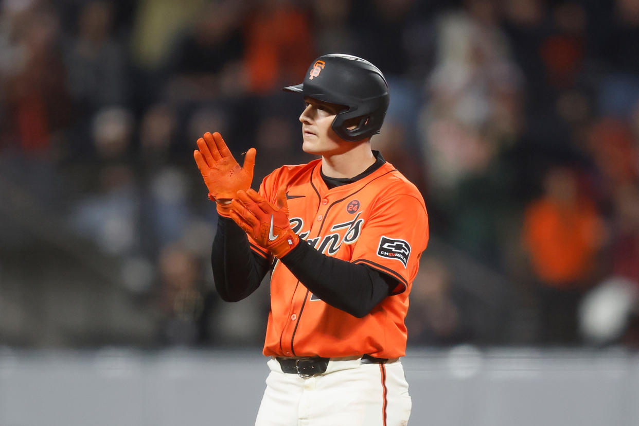 SAN FRANCISCO, CALIFORNIA - AUGUST 30: Matt Chapman #26 of the San Francisco Giants reacts after hitting a three-run double in the bottom of the eighth inning against the Miami Marlins at Oracle Park on August 30, 2024 in San Francisco, California. (Photo by Lachlan Cunningham/Getty Images)