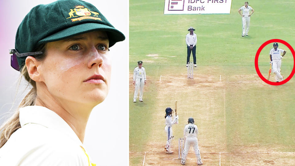 Ellyse Perry and Richa Ghosh in the women's cricket Test between Australia and India.