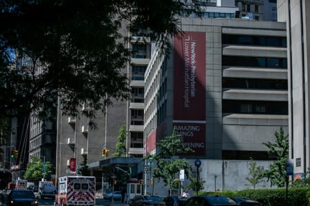 The exterior of New York Presbyterian-Lower Manhattan Hospital, where Jeffrey Epstein's body was transported in Manhattan borough of New York City
