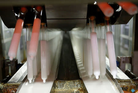 Sagami Rubber Industries' condoms are produced on its production line at its factory in Atsugi, Kanagawa Prefecture, Japan May 16, 2018. Picture taken May 16, 2018. REUTERS/Kim Kyung-Hoon