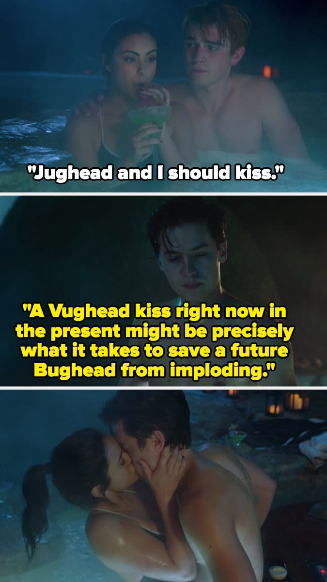 Veronica suggests she and Jughead kiss; Jughead says it might be what they need to keep him and Betty from imploding in the future