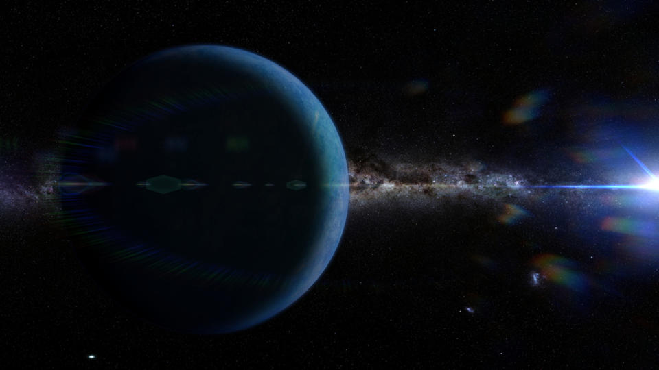 An artists intepretation of Planet Nine  shows a large dark planet with the sun in the distance