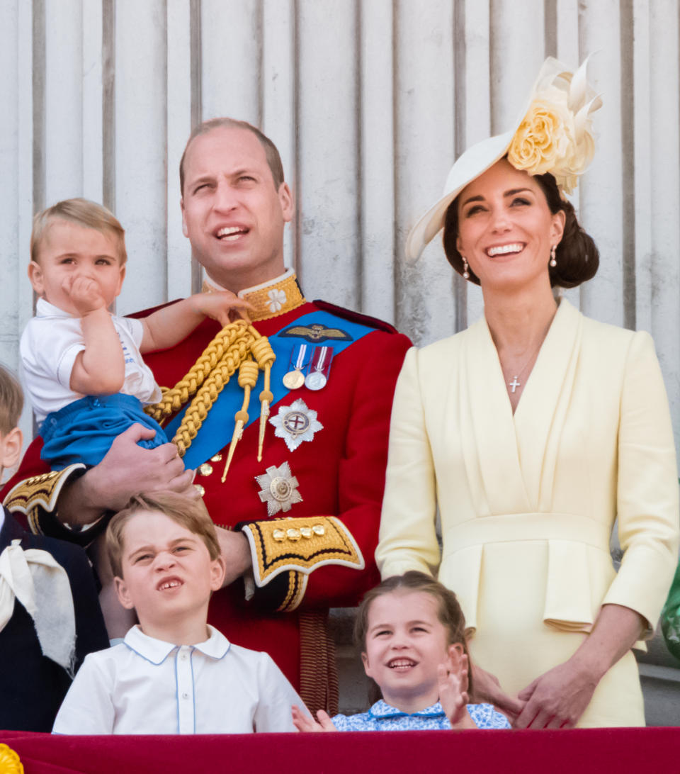 Prince Louis, Prince George, Prince William, Duke of Cambridge, Princess Charlotte  and Catherine, Duchess of Cambridge appear on the balcony during Trooping The Colour