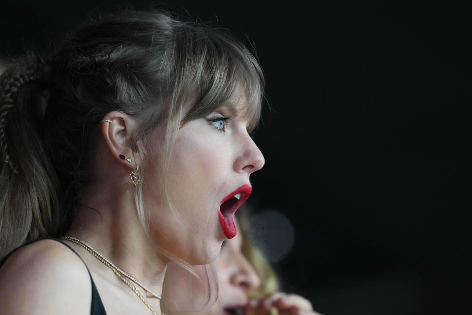 Recording artist Taylor Swift reacts during the first quarter of Super Bowl LVIII at Allegiant Stadium in Las Vegas on Feb. 11, 2024.