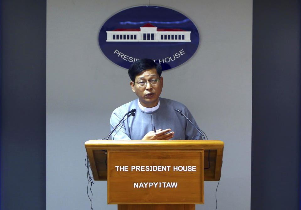 Myanmar's government spokesman Zaw Htay talks to journalists during a press briefing at the Presidential Palace in Naypyitaw, Myanmar, Friday, Sept. 7, 2018. (AP Photo/Aung Shine Oo)