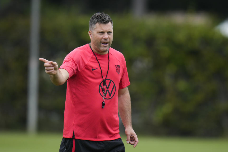 United States men's national soccer team's interim head coach B. J. Callaghan talks to his players during practice in Carson, Calif., Monday, June 5, 2023. (AP Photo/Jae C. Hong)