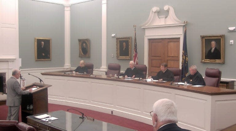 Attorney David Rothstein (left) argues in front of the New Hampshire Supreme Court on Aug. 29 on behalf of defendant Cody Frye.