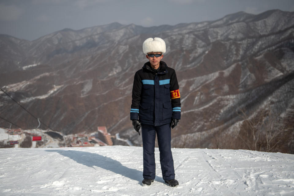 A resort worker poses for a photograph at Masikryong Ski Resort on Feb. 5, near Wonsan, North Korea.