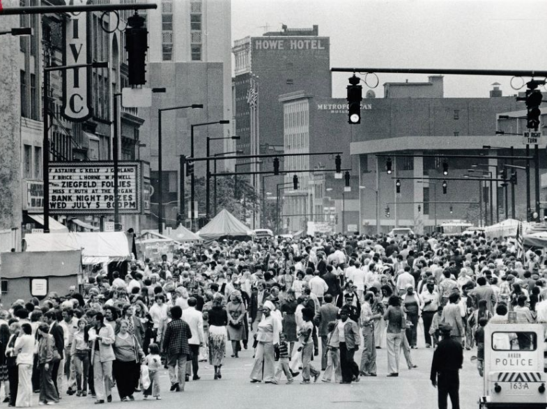 Hundreds of people crowd South Main Street near the Akron Civic Theatre during the International Festival in 1978.