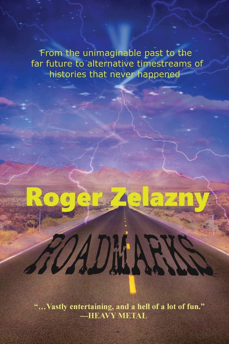 The cover to Roger Zelazny's Roadmarks, which shows a lonely highway and a sci-fi sky