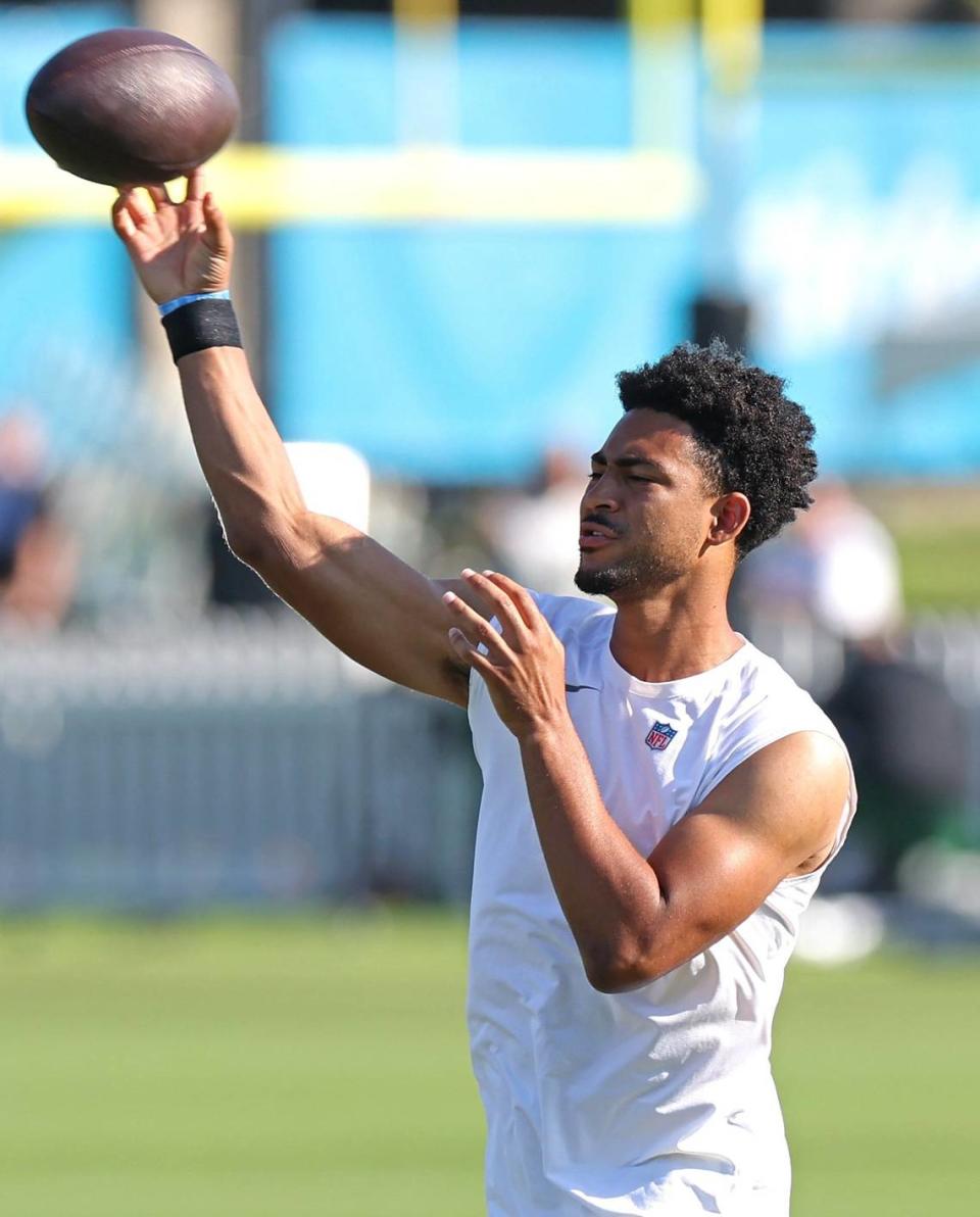 Carolina Panthers quarterback Bryce Young warms up prior to the team’s joint practice with the New York Jets on Thursday, August 15, 2024 in Charlotte, NC.